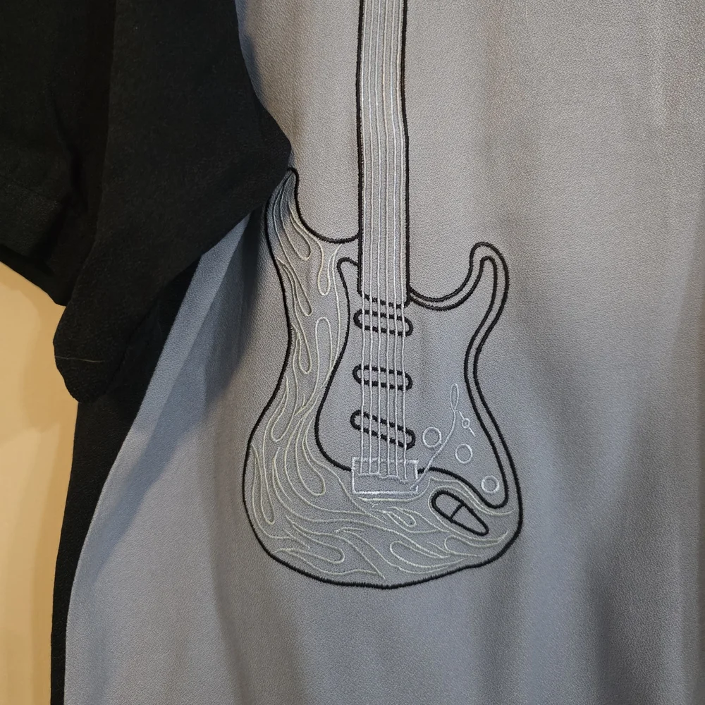 Fender Light Blue and Black Short-Sleeve Button-Down Shirt with Guitar Graphic - Picture 2 of 4